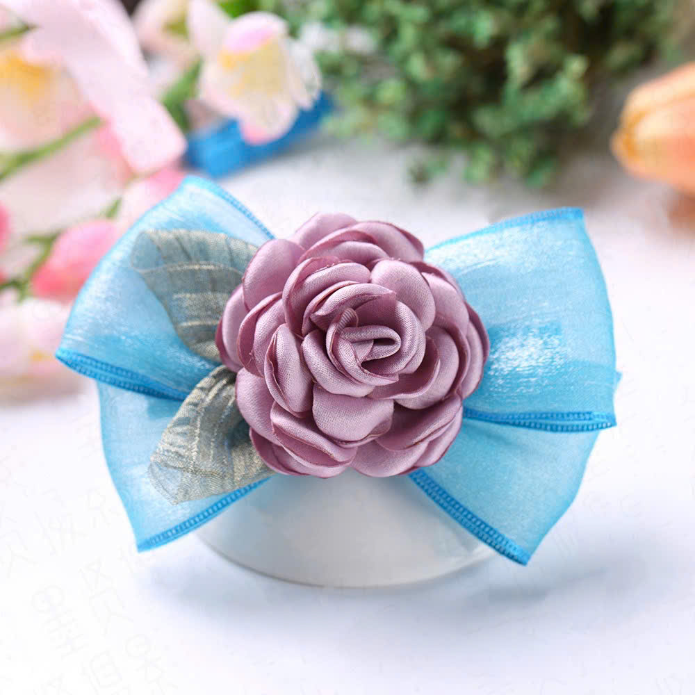 Kẹp tóc Hoa hồng Nơ cao cấp Voan xanh dương, có búi lưới tháo rời được AK2484