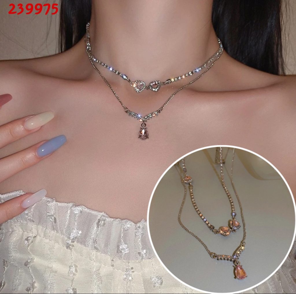 Dây chuyền đôi tầng full đá nơ hồng thời trang độc đáo, sang trọng AV2399