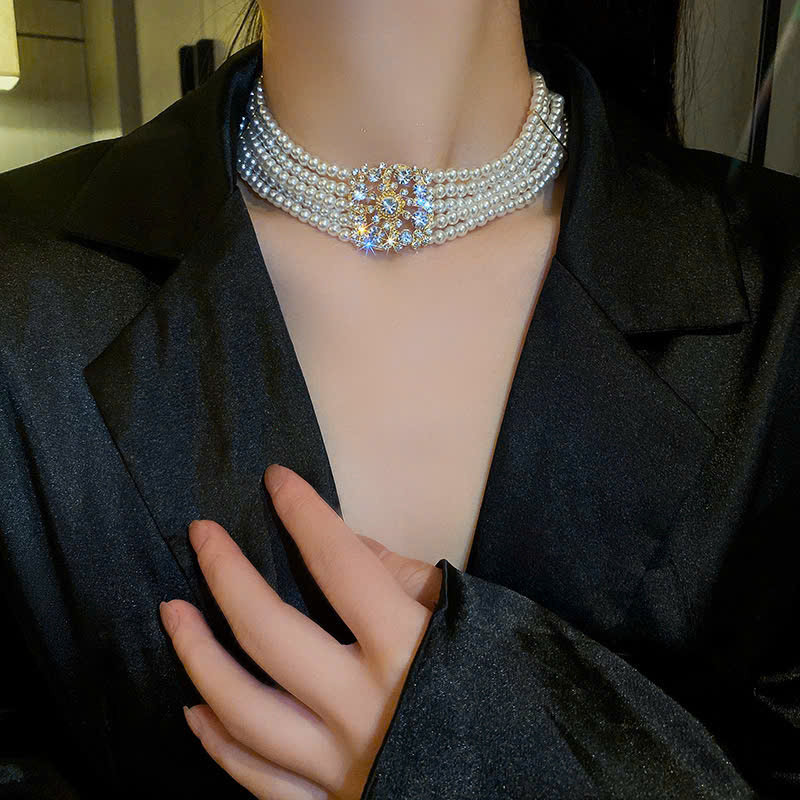 Vòng cổ nữ đi tiệc đính ngọc, Choker chuỗi ngọc mặt đính đá cao cấp AV5234