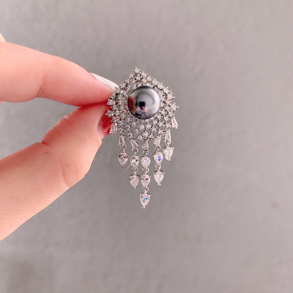 Cài áo tua rua ngọc xám xi bạc 925 cao cấp AC3035