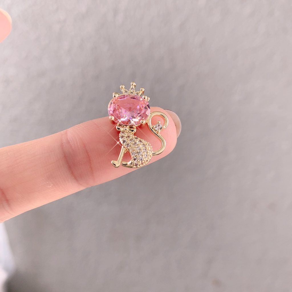 Cài áo Mèo đá hồng cao cấp xi vàng pha, thiết kế cài áo sang trọng độc đáo AC3962