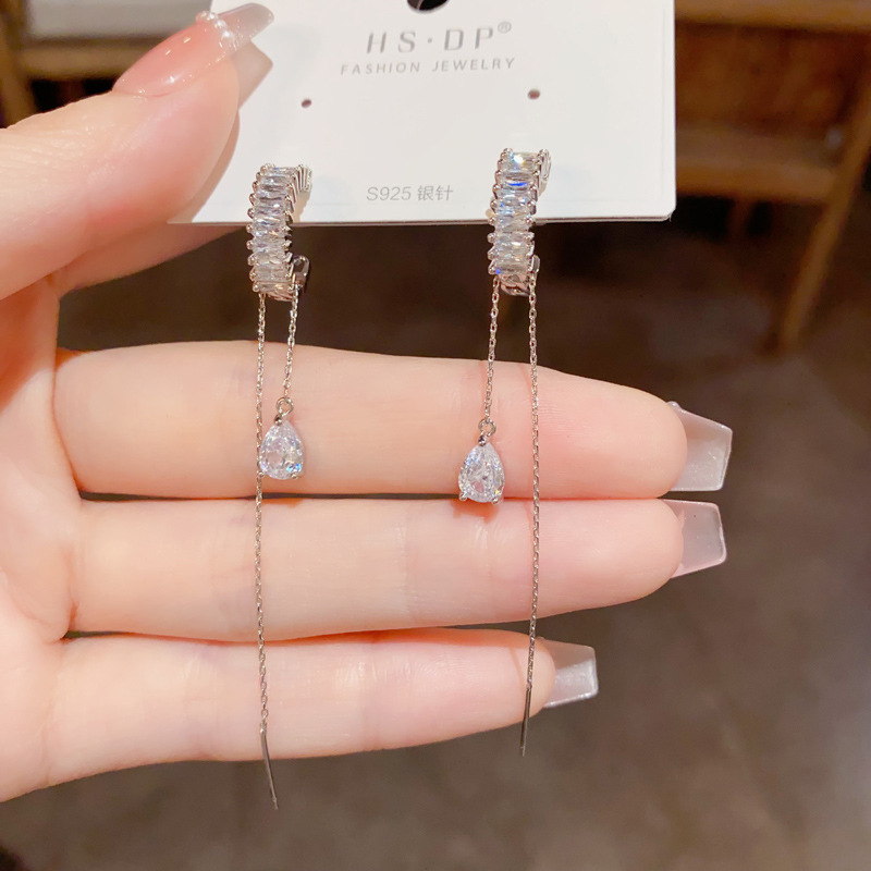 Bông tai nữ dáng dài thanh mảnh giọt đá zircon xi bạc 925 thiết kế Đẹp độc đáo, cao cấp, sang trọng B1339