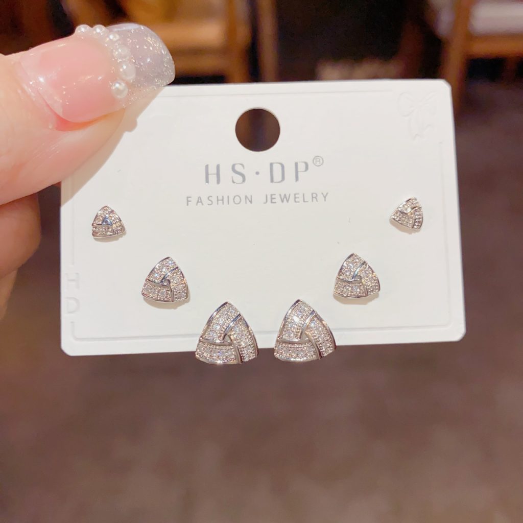 Bộ 3 đôi hoa tai hình học đá zircon xi bạc 925, Bông tai nữ thiết kế cao cấp, sang trọng, độc đáo, thời trang B1249