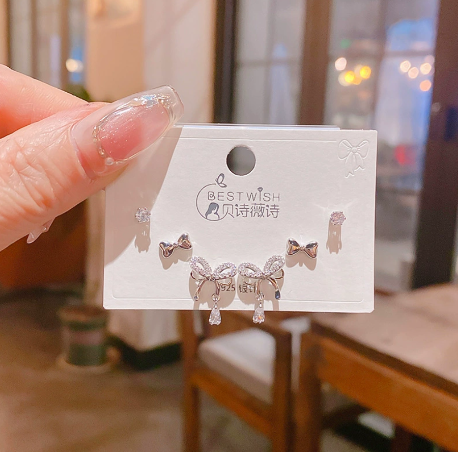 Bộ 3 đôi hoa tai nơ giọt nước đính đá zircon xi màu bạc cao cấp B1771