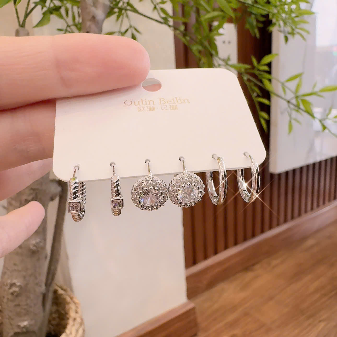 Bộ 3 đôi hoa tai 3 phong cách thiết kế màu bạc cao cấp giọt nước đá zircon cao cấp B1962