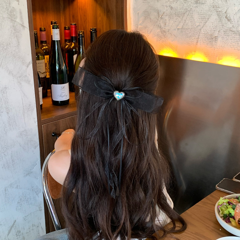 Kẹp tóc nơ voan màu ĐEN nhụy đá trái tim, phụ kiện kẹp tóc nữ đẹp B2142