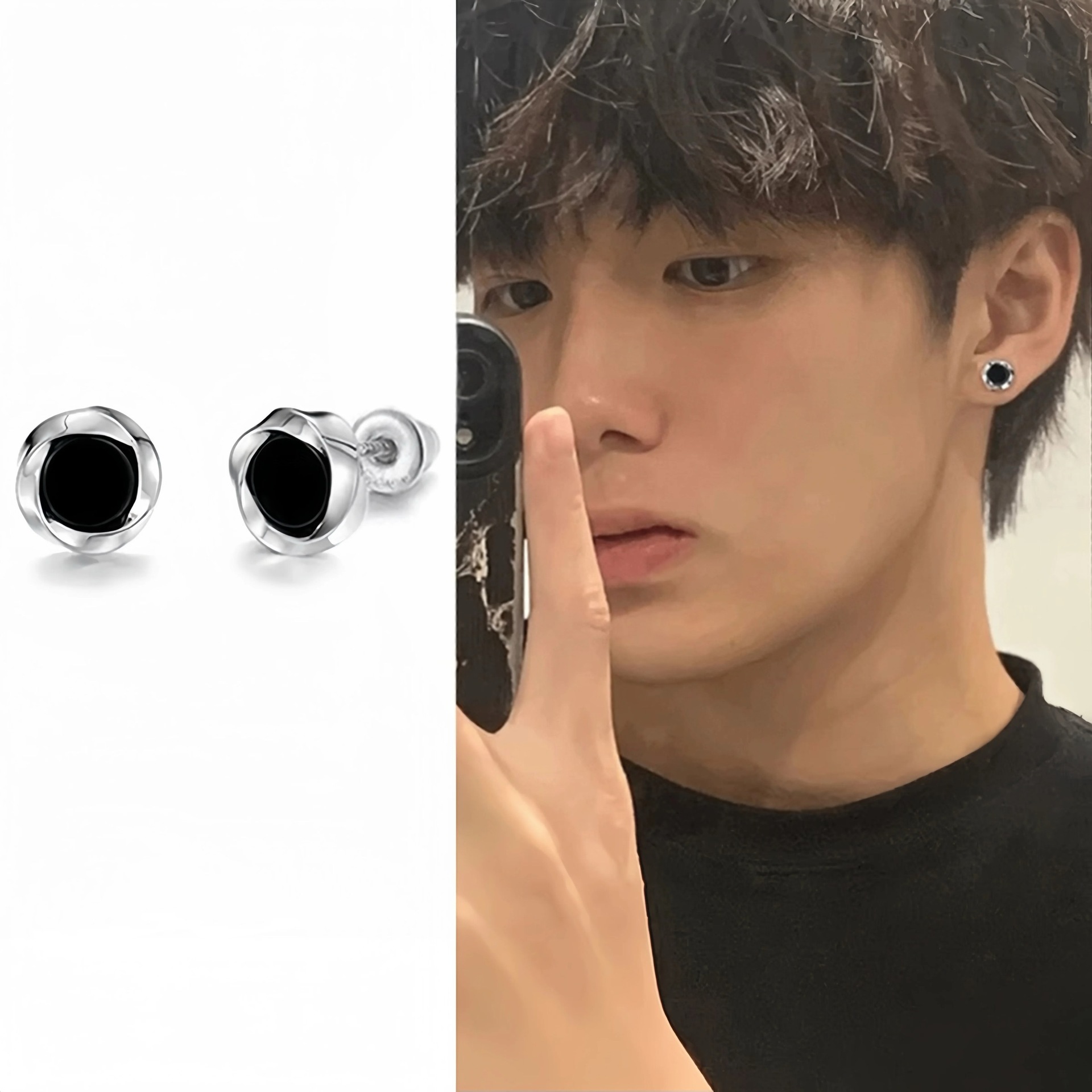 Bông tai nam nụ đen viền màu bạc, hoa tai nam, hoa tai unisex nam nữ cá tính nụ đen B2345