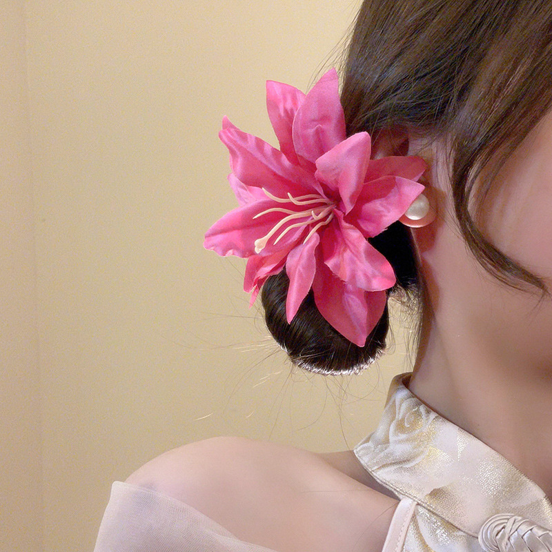 Kẹp tóc hoa loa kèn màu hồng tươi xinh, phụ kiện kẹp tóc đi biển B2457