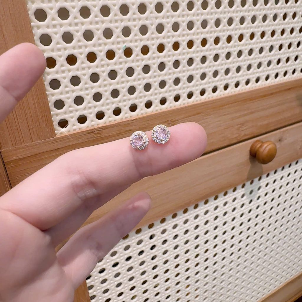 Bông tai cao cấp đá zircon hình TRÒN đá HỒNG xi vàng pha viền đá liti độc đáo, sang trọng B2394