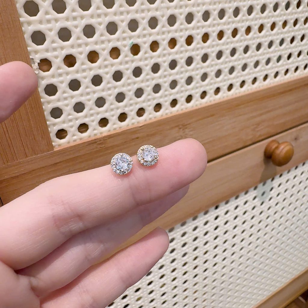 Bông tai cao cấp đá zircon hình TRÒN đá TRẮNG xi vàng pha viền đá liti độc đáo, sang trọng B2393