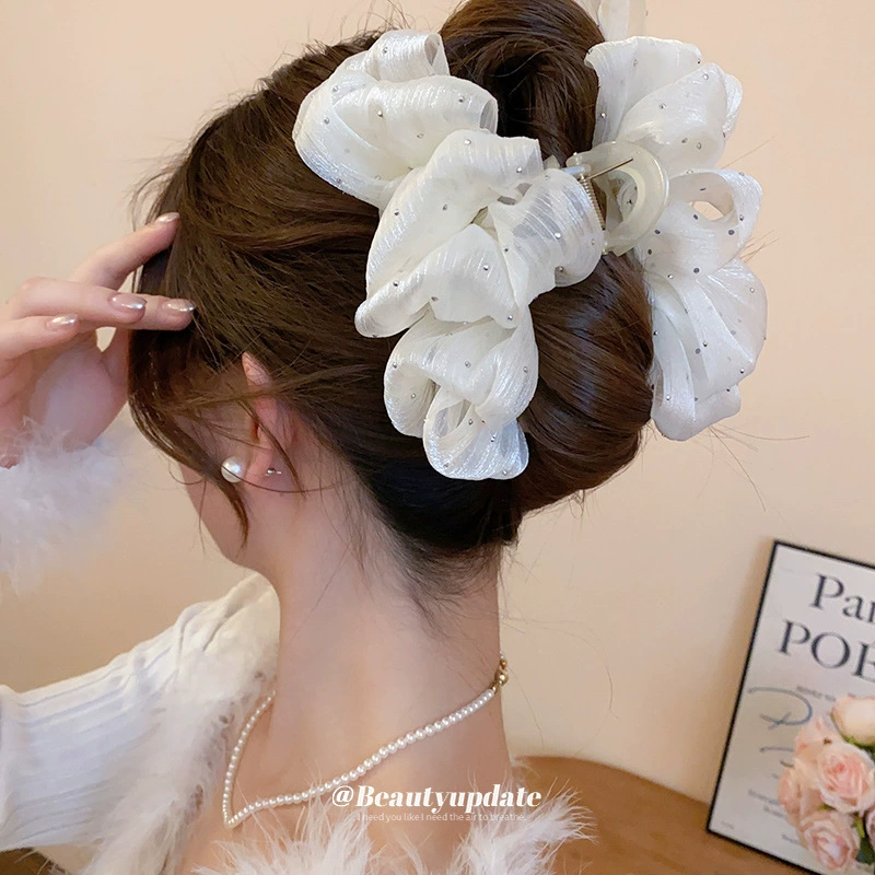 Kẹp gắp size 11cm lớn lưới nơ đính đá láp lánh màu kem, phụ kiện tóc nữ đẹp B2609