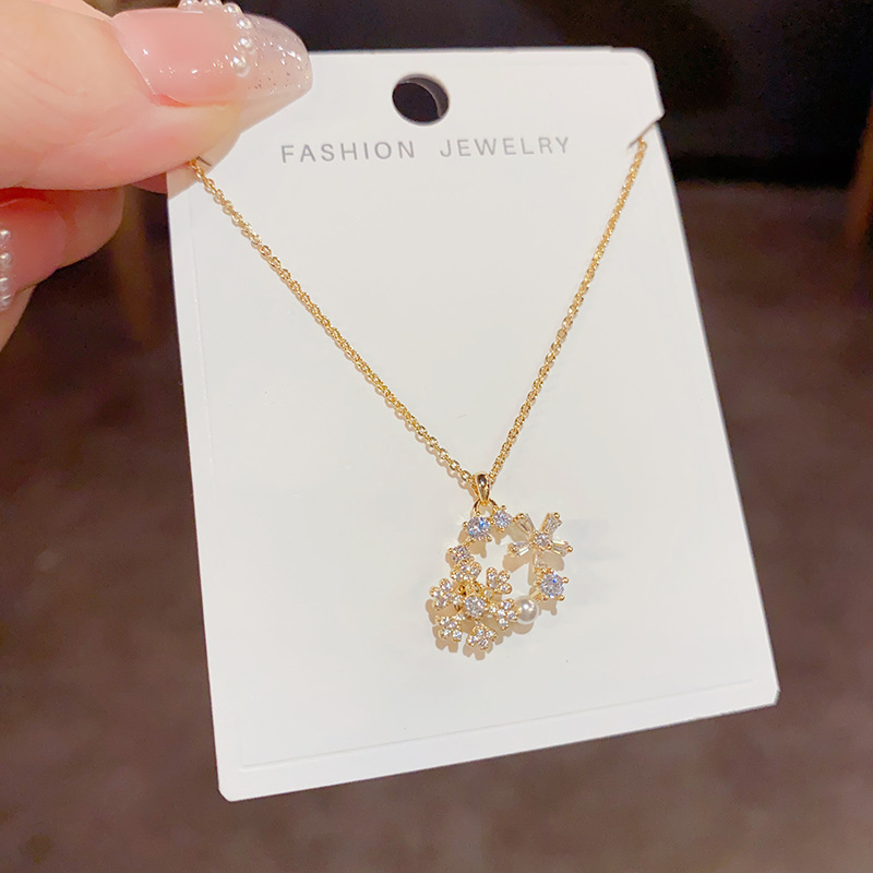 Dây chuyền VÒNG HOA ĐÁ zircon xi vàng pha cao cấp thiết kế sáng đẹp chuẩn mẫu B2702