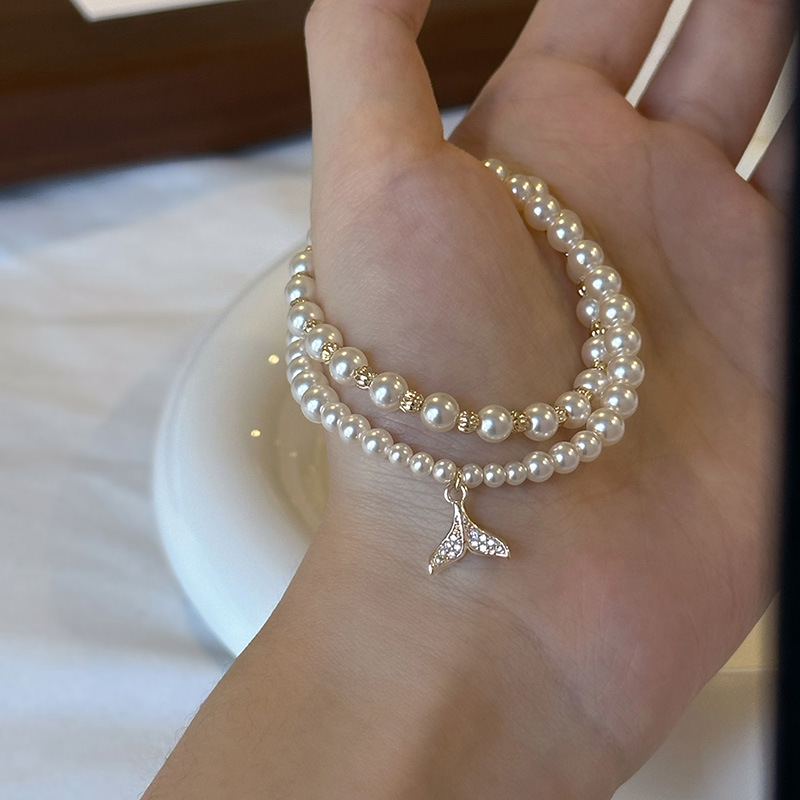 Lắc tay ngọc trai 2 vòng đuôi đá đính đá cao cấp, thiết kế sang trọng B2582