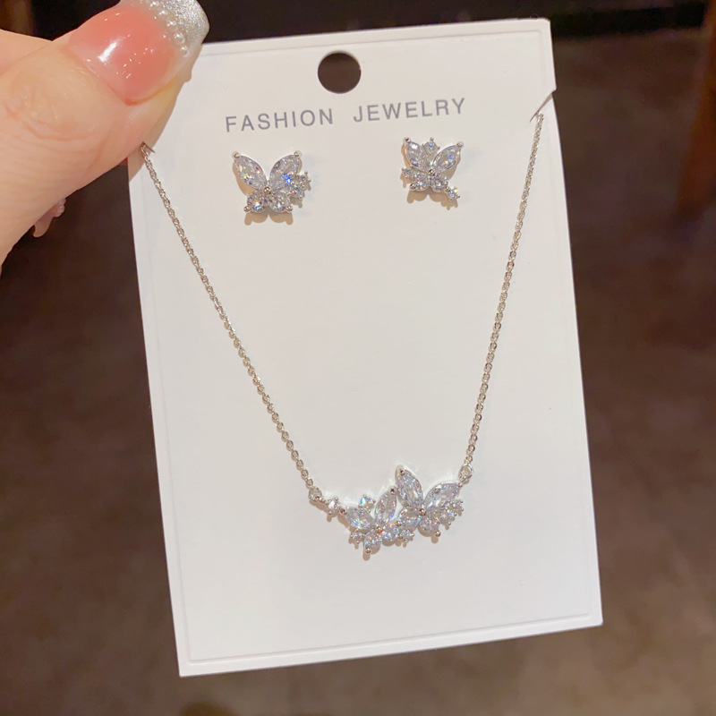 Bộ BÔng tai Dây chuyền con BƯỚM ĐÁ zircon nhỏ xinh xi bạc 925 cao cấp,Thiết kế nhỏ xinh đẹp B2717