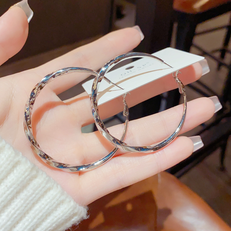 Bông tai TRÒN XOẮN xi bạc 925 trơn cao cấp sáng đẹp 5cm B2696