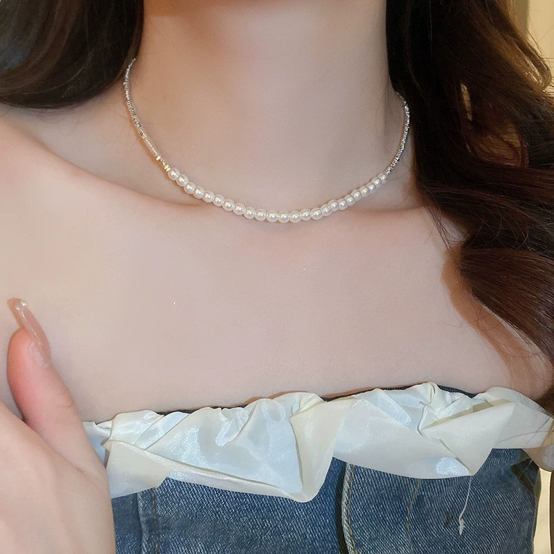 Dây chuyền NGỌC trắng chuỗi vòng cung nối mix dây MÀU BẠC cao cấp đơn giản, thiết kế thanh lịch B2572