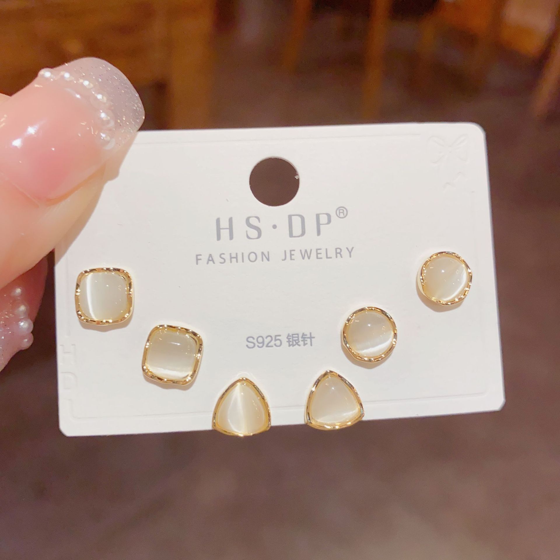 Bộ 3 đôi hoa tai ĐÁ MẮT MÈO hình học nhỏ xinh sát tai chất đẹp B2745