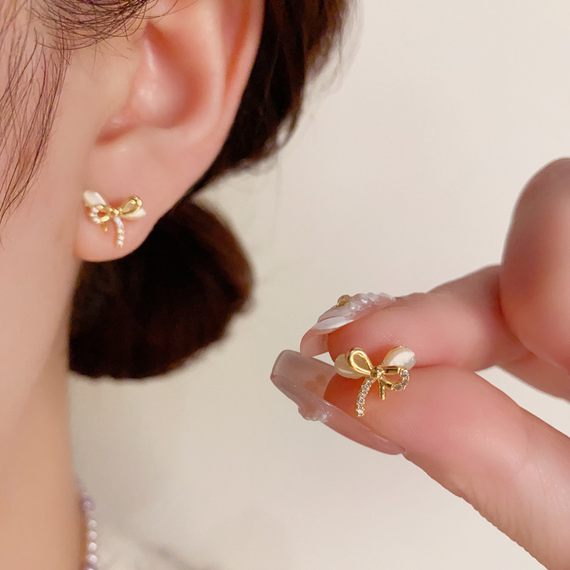 Bông tai NƠ đá mắt mèo mix đá zircon cao cấp sát tai xi vàng pha B2756