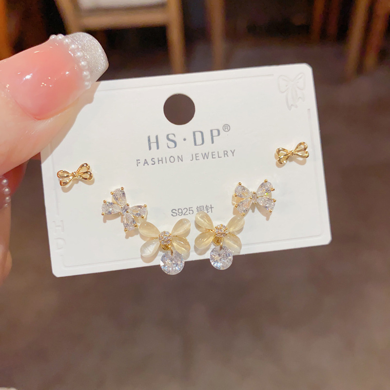 Bộ 3 đôi bông tai Đá mắt mèo HỒ ĐIỆP giọt nước đá zircon cao cấp thiết kế B2757