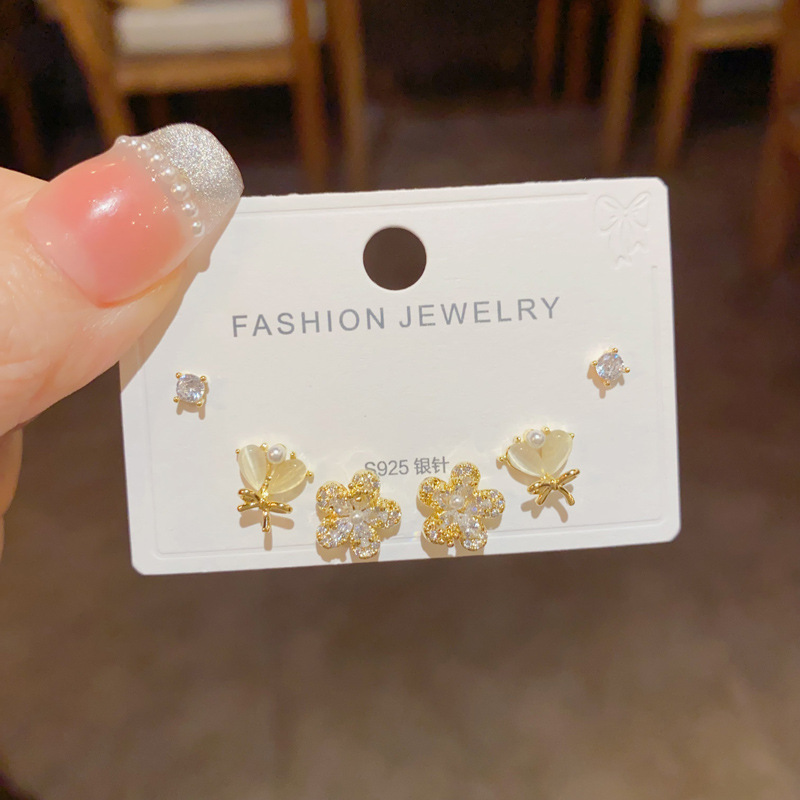 Bộ 3 đôi hoa tai Hoa 5 cánh đá zircon xi vàng pha cao cấp sát tai chất ĐẸP B2759