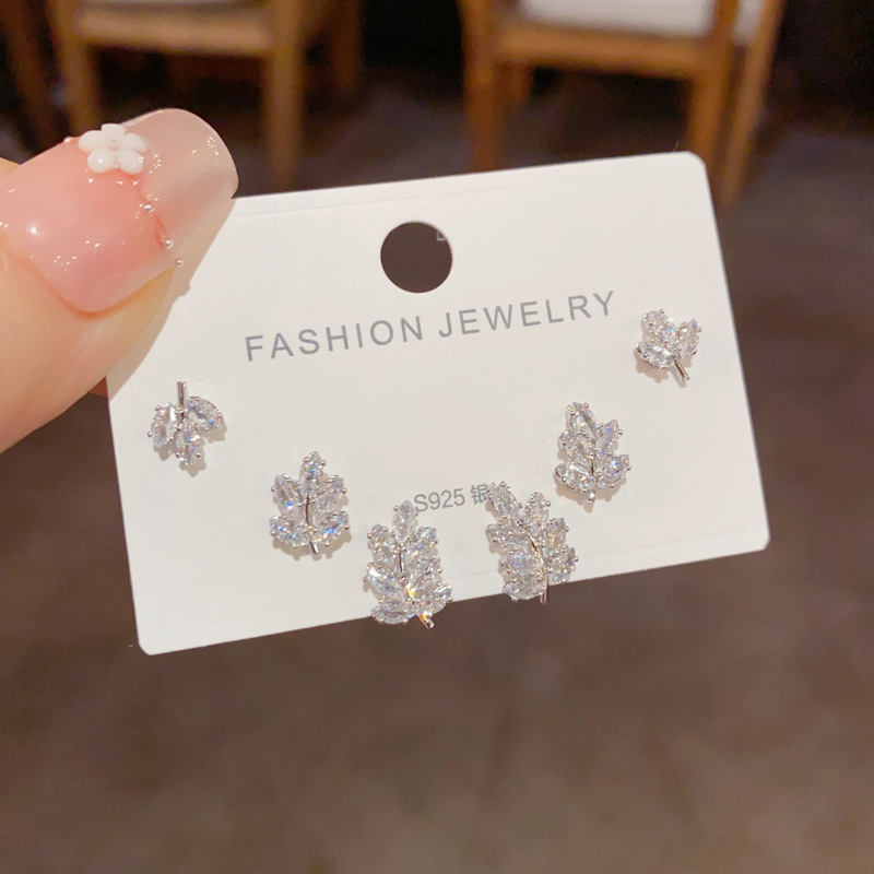 Bộ 3 đôi hoa tai CHIẾC Lá đá zircon cao cấp xi bạc 925 B2772
