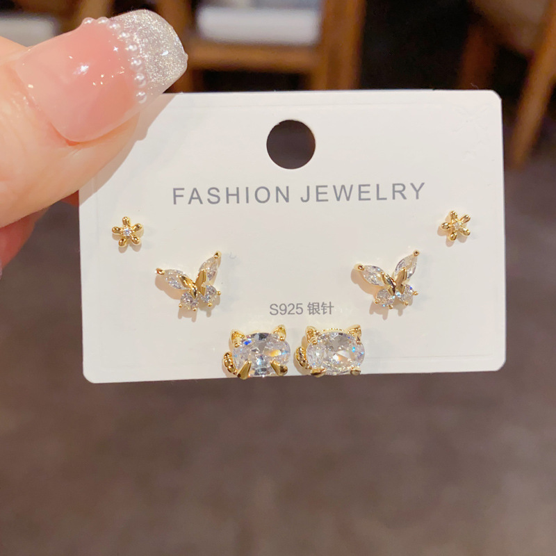 Bộ 3 đôi hoa tai MÈO HỒ ĐIỆP đá zircon xi vàng pha cao cấp B2776