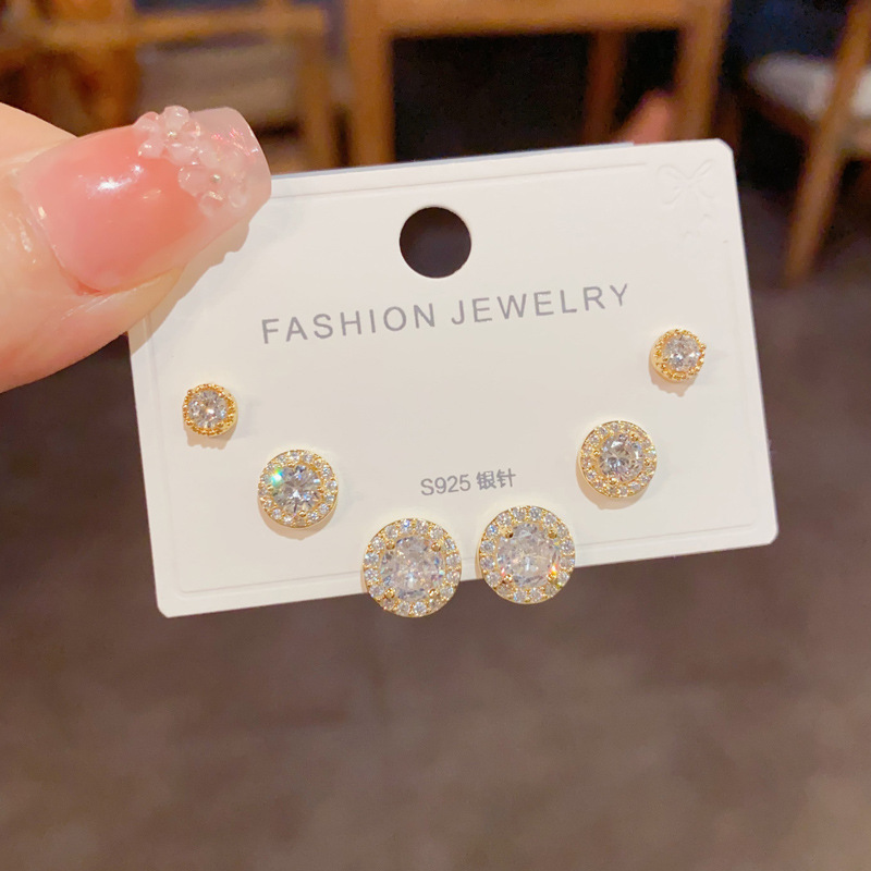 Bộ 3 đôi hoa tai TRÒN SÁT Đá zircon cao cấp xi vàng pha chất sáng đẹp B2778