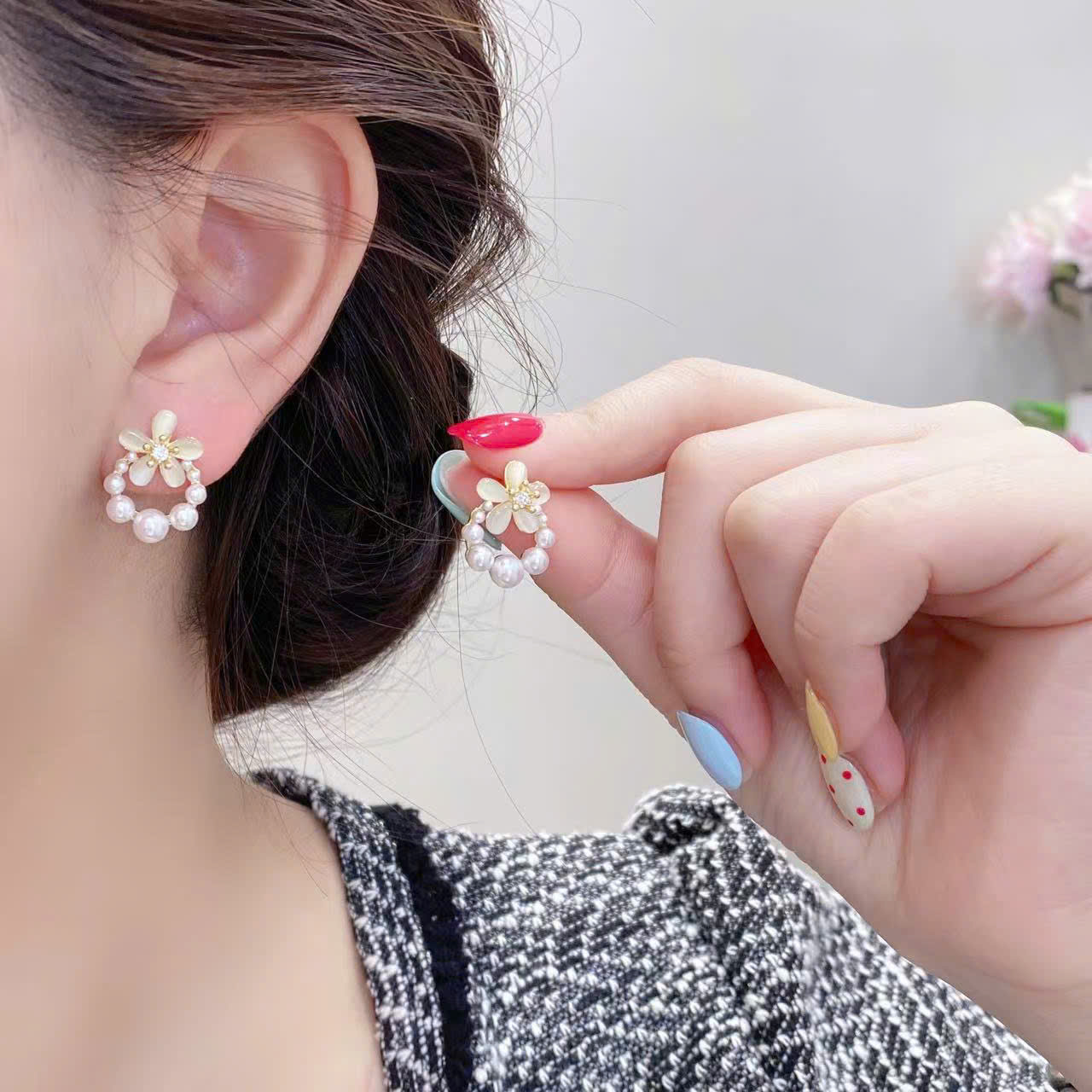 Bông tai cao cấp HOA 5 cánh đá mắt  mèo  NGỌC nhỏ xinh hình học độc đáo B2771