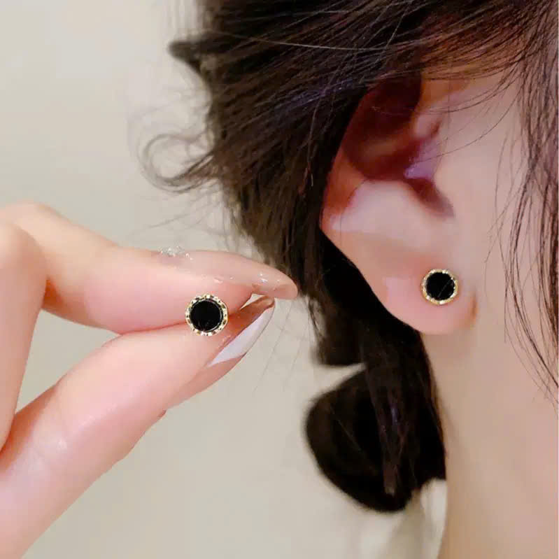 Bông tai TITAN nụ đen viền VÀNG HỒNG AB03258