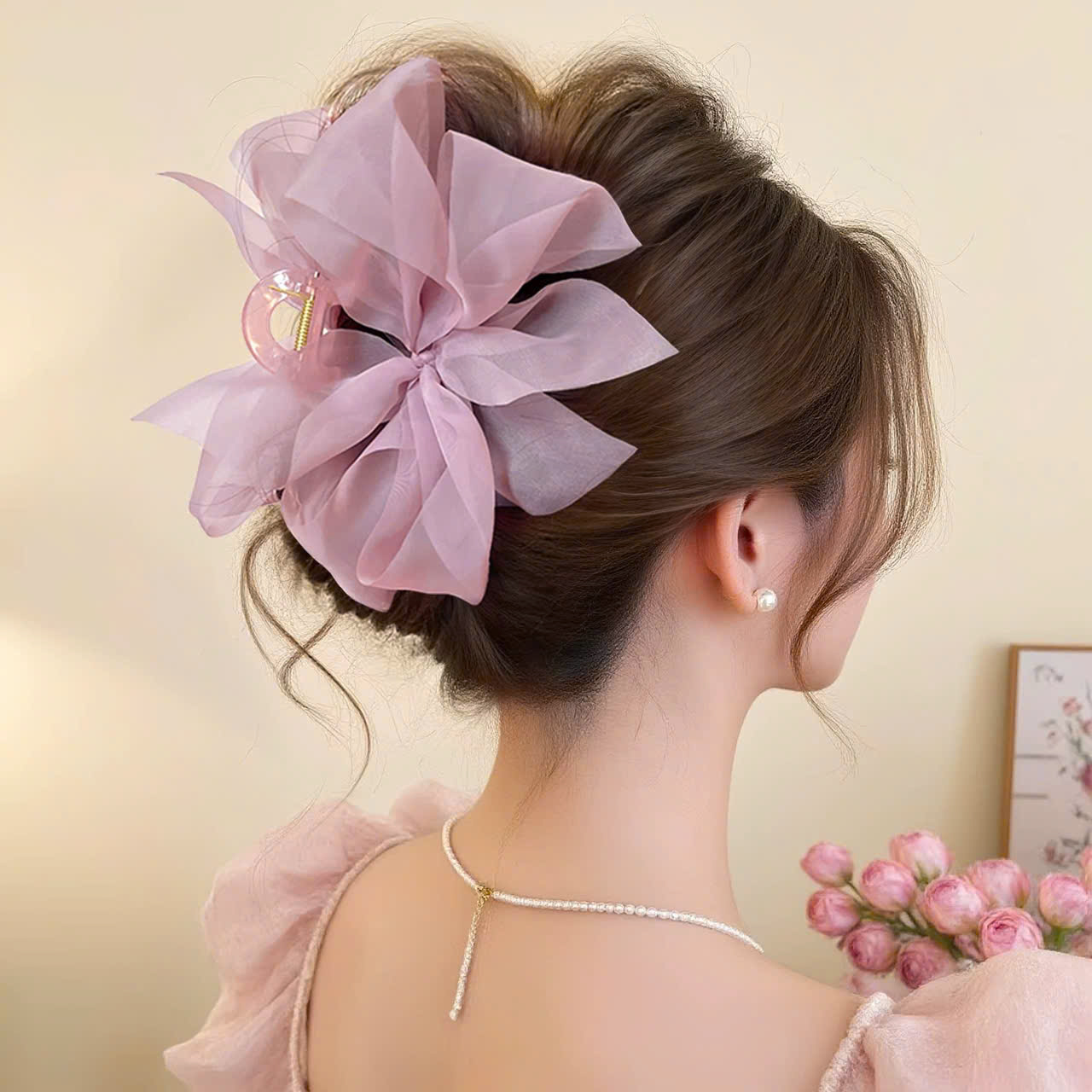 Kẹp gắp tóc NƠ voan HỒNG TÍM mịn B2787