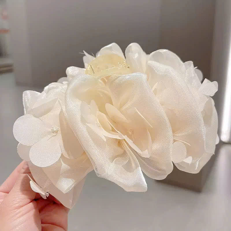Kẹp gắp tóc lớn voan HOA TRẮNG kem họa tiết sang trọng B2802