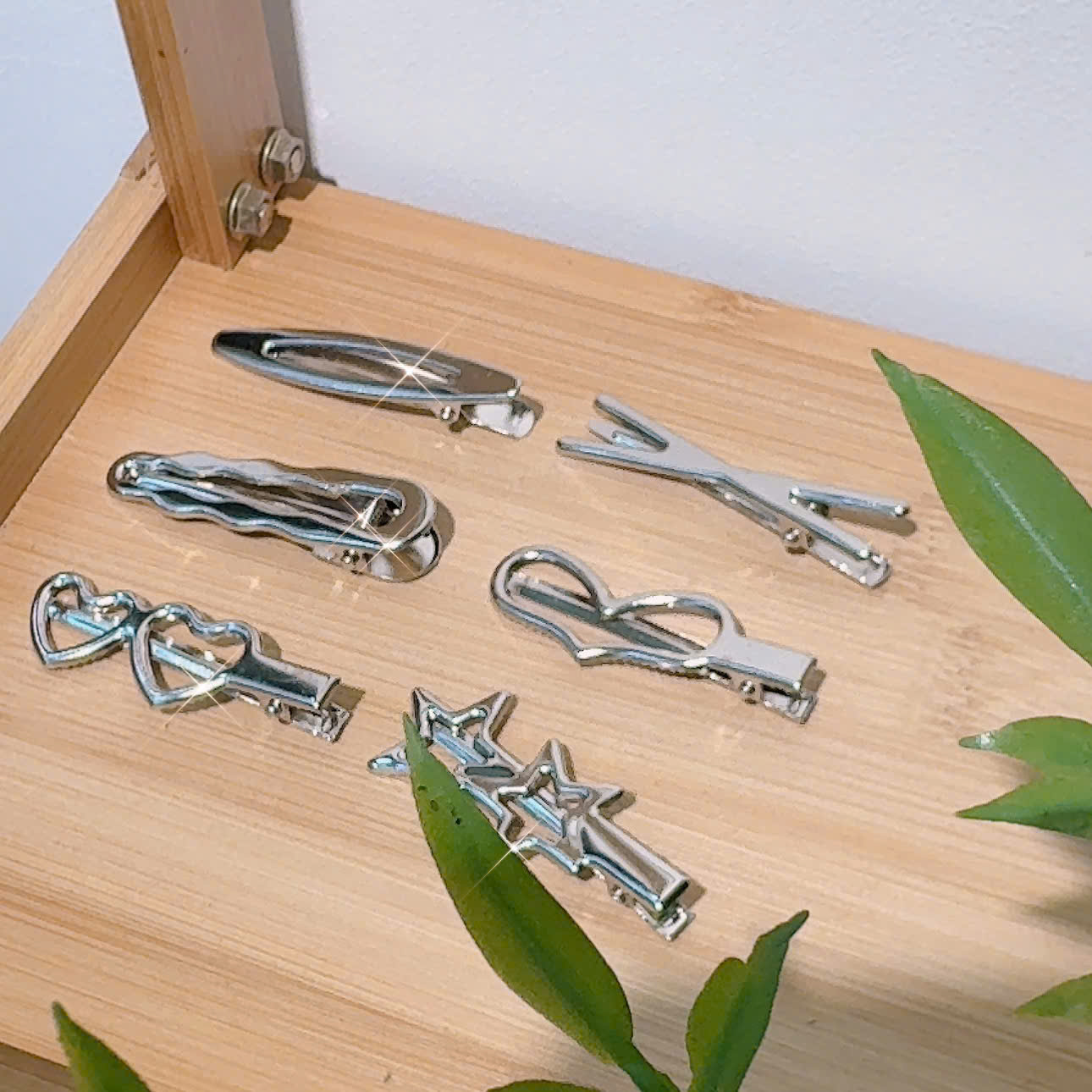 Sét 6 kẹp tóc mỏ vịt trơn MÀU BẠC hình học B2828