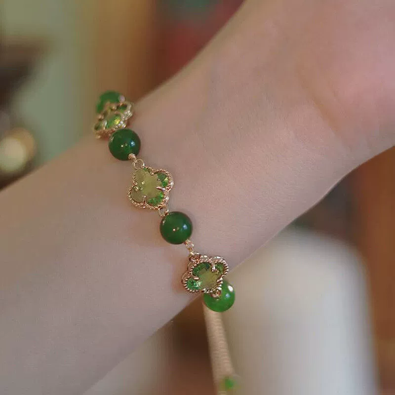 Lắc tay Cỏ Bốn Lá chalcedony xanh rút FREESIZE B2891