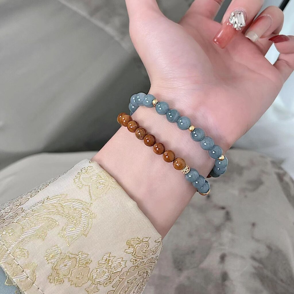 Vòng tay 2 vòng tròn màu xanh GỖ nước, thiết kế mix màu đẹp B2894