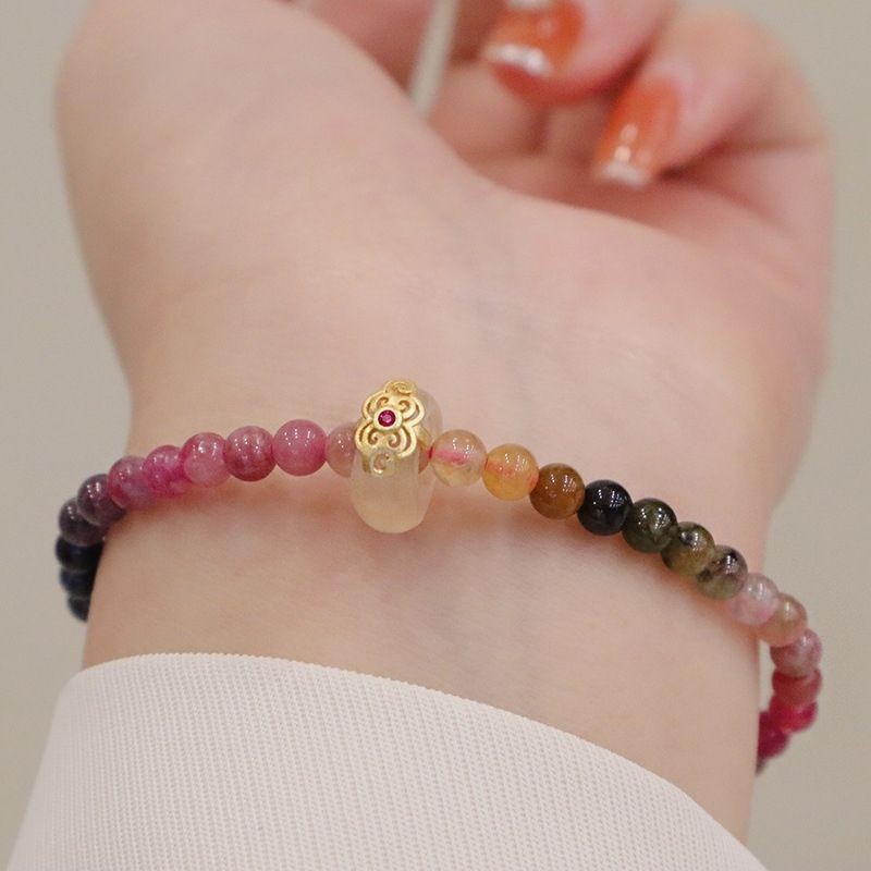 Vòng tay tourmaline đầy màu sắc mặt mã não FREESIZE B2895