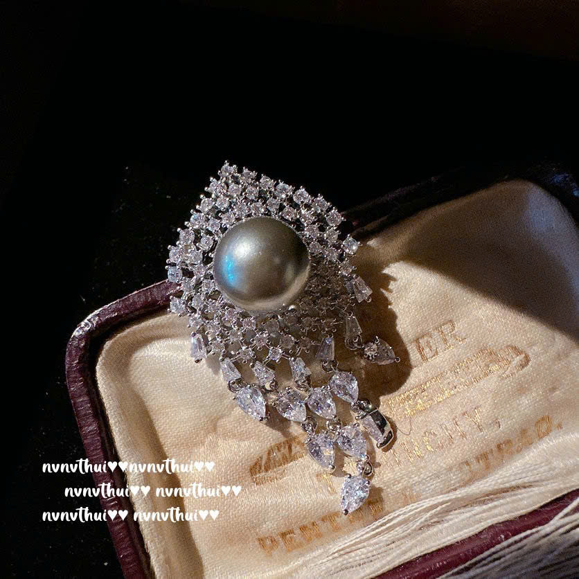 Cài áo Giọt nước cao cấp đá Zircon xi bạc 925 Sáng đẹp ngọc Xám AC03035