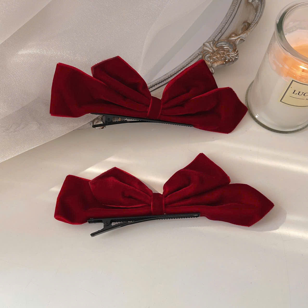 Sét 2 kẹp tóc NƠ ĐỎ NHUNG B2916