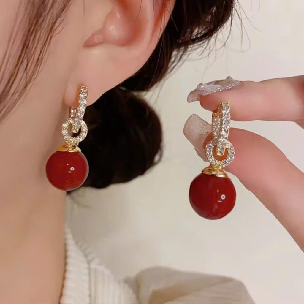 Bông tai Châu ĐỎ đính đá zircon cao cấp, thiết kế hàn quốc chất đẹp B01254