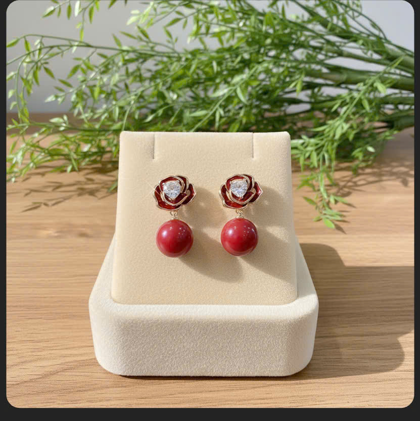 Bông tai Hoa hồng NGỌC đỏ cao cấp đẹp B01358