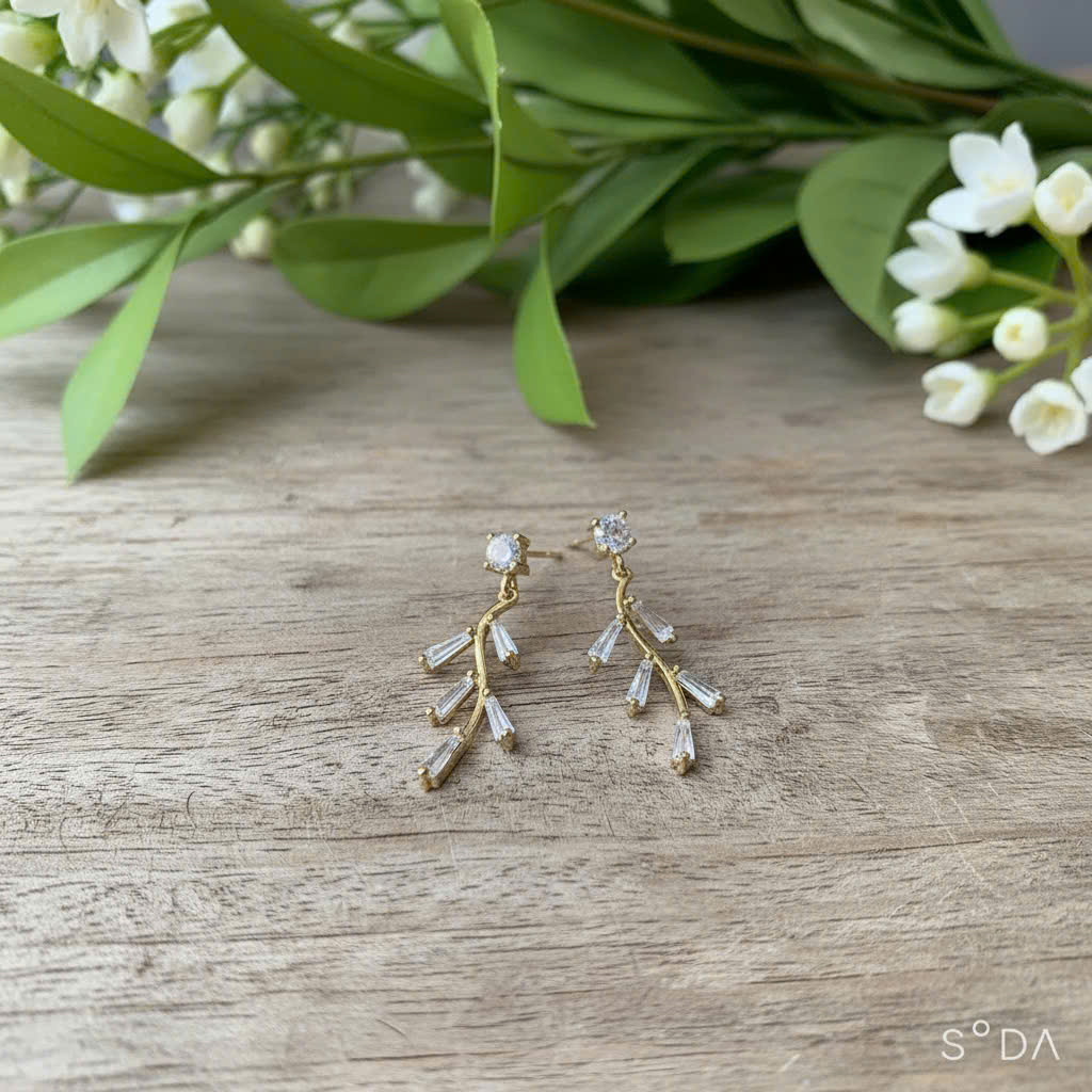 Bông tai Cây lá đá ZIRCOn xi vàng pha cao cấp B35501