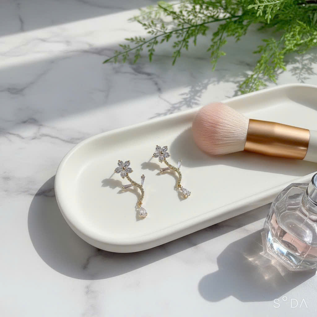 Bông tai HOA đá zircon 5 cánh thiết kế nhỏ Giọt độc đáo cao cấp B03550