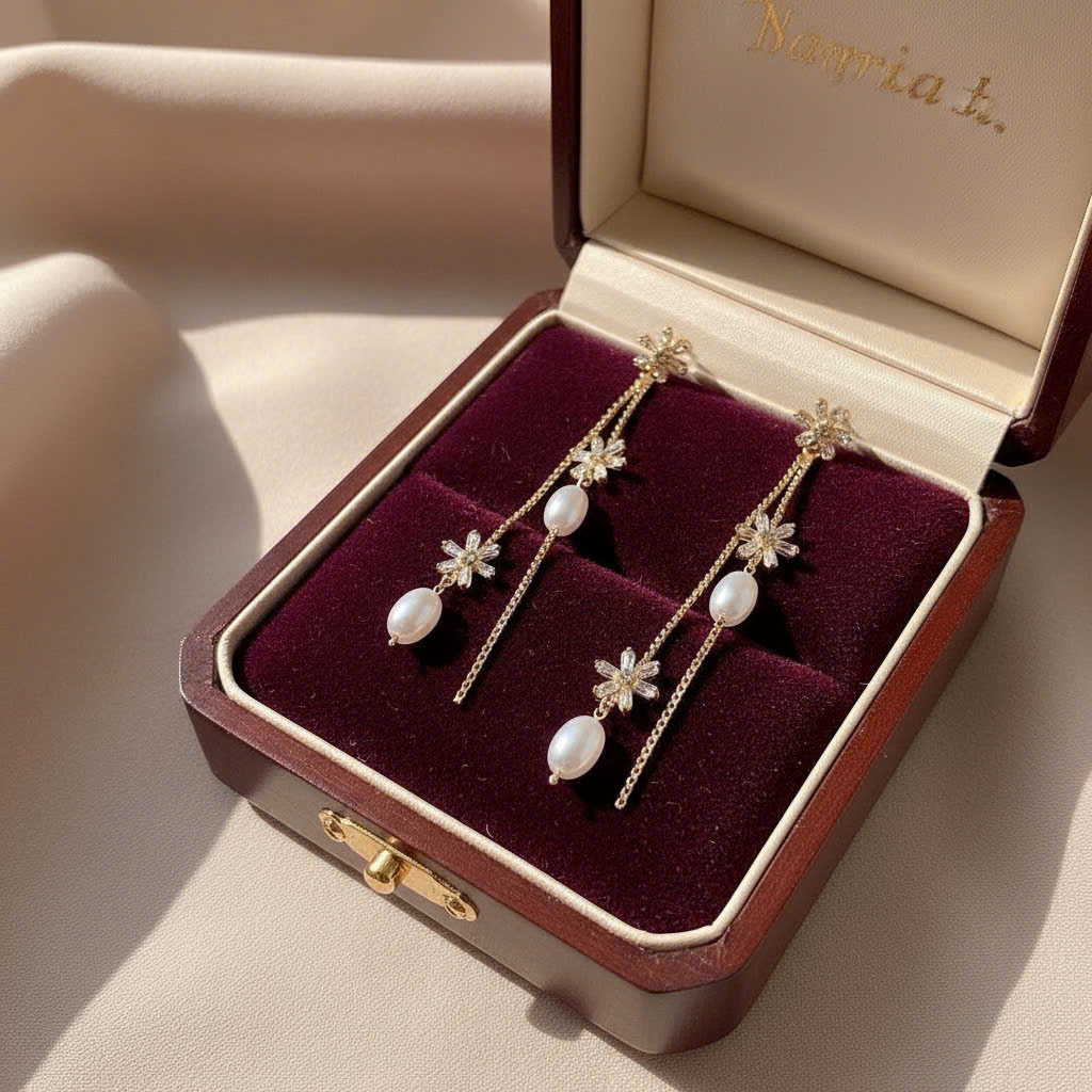 Bông tai dáng dài đi tiệc hoa đá zircon 5 cánh mix ngọc nhỏ xinh AB04267