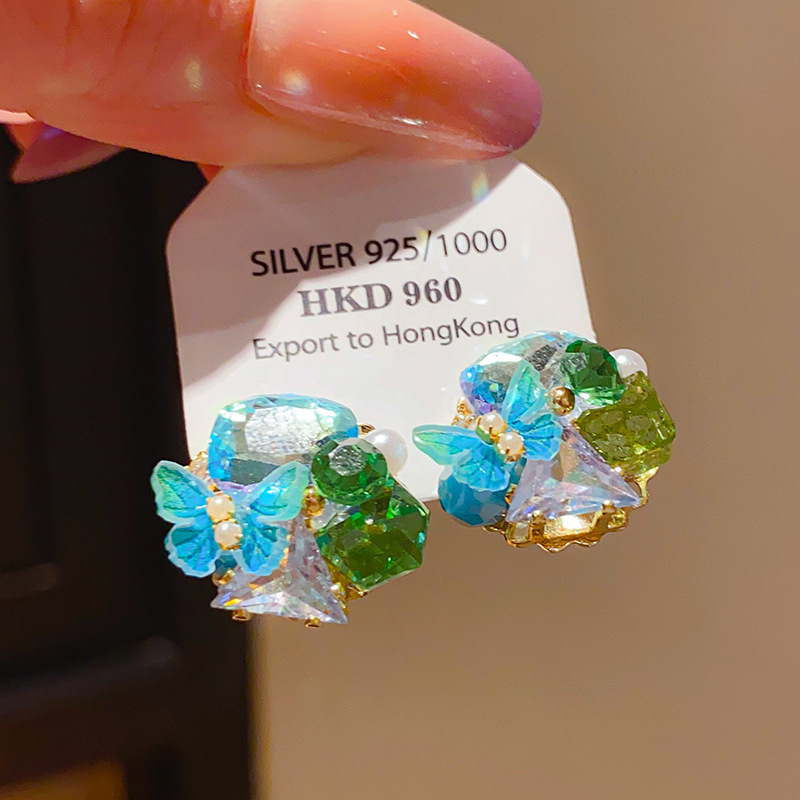 Bông tai sát hồ điệp mix đá XANH LÁ cao cấp thiết kế Hàn quốc đẹp B2950