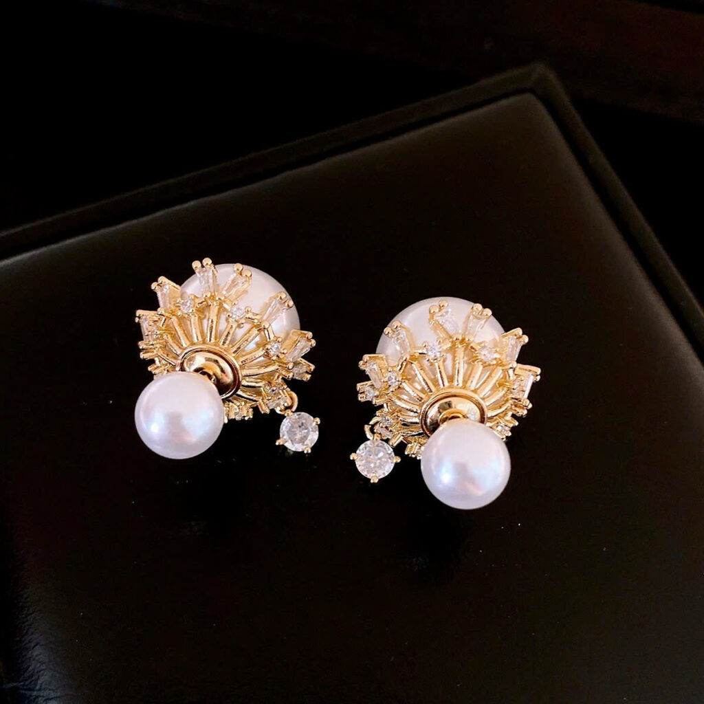 Bông tai ngọc trước sau lớn nhỏ mix đá giọt nước cao cấp màu VÀNG thiết kế Hàn quốc đẹp B2981