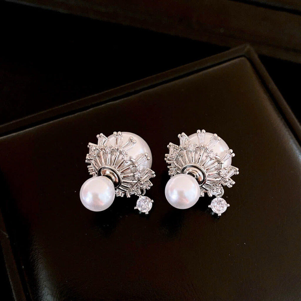 Bông tai ngọc trước sau lớn nhỏ mix đá giọt nước cao cấp màu BẠC thiết kế Hàn quốc đẹp B2982