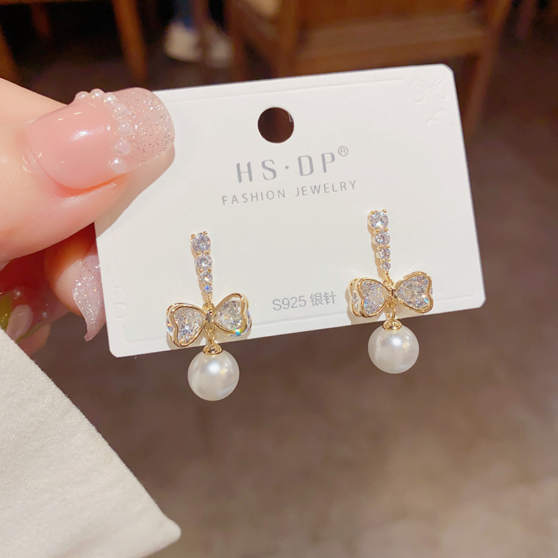 Bông tai giọt ngọc NƠ ĐÁ ZIRCON Cao cấp, thiết kế nhỏ giọt xinh xắn sang trọng B3074