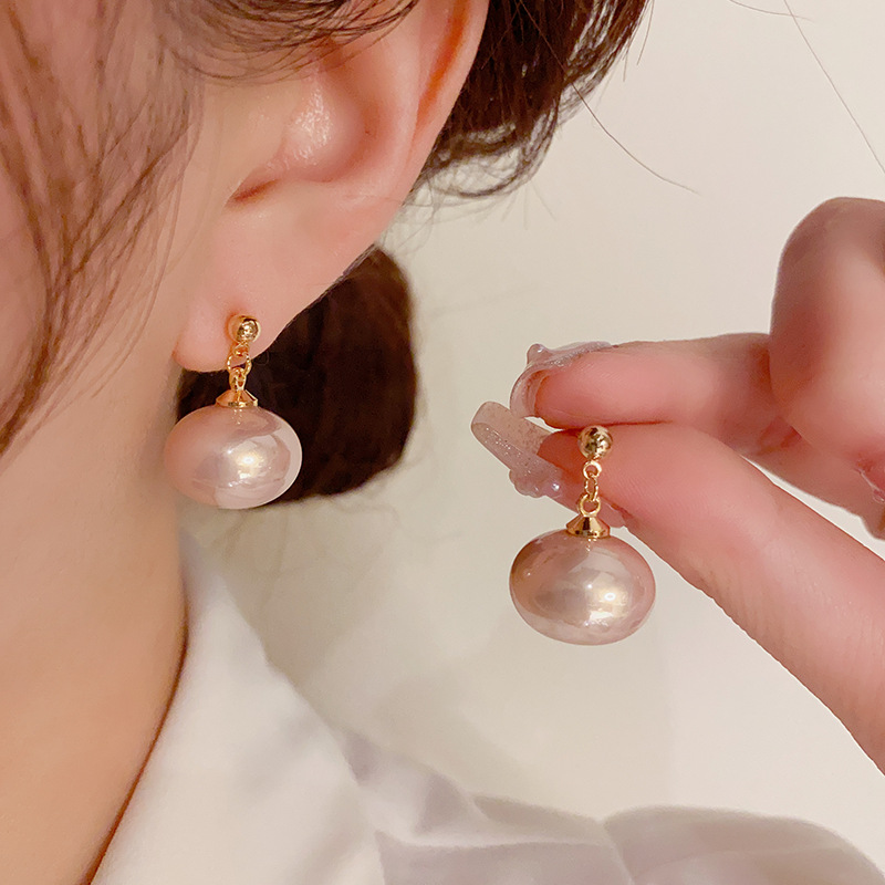 Bông tai ngọc trai hình bầu dục màu VÀNG HỒNG xi vàng pha cao cấp, thiết kế sang trọng B3076