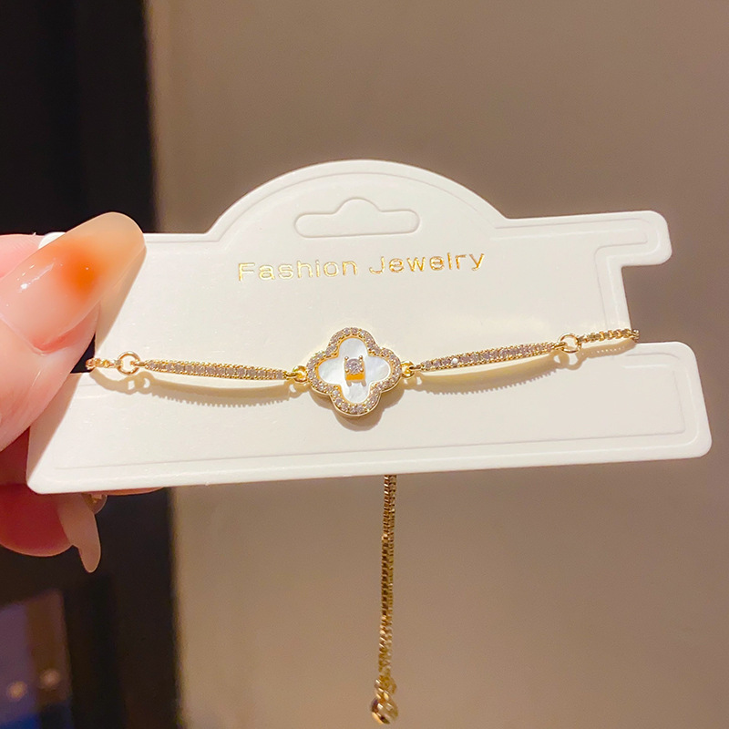 Lắc tay cỏ 4 lá đính đá zircon xà cừ Freesize xi vàng pha cao cấp B2962