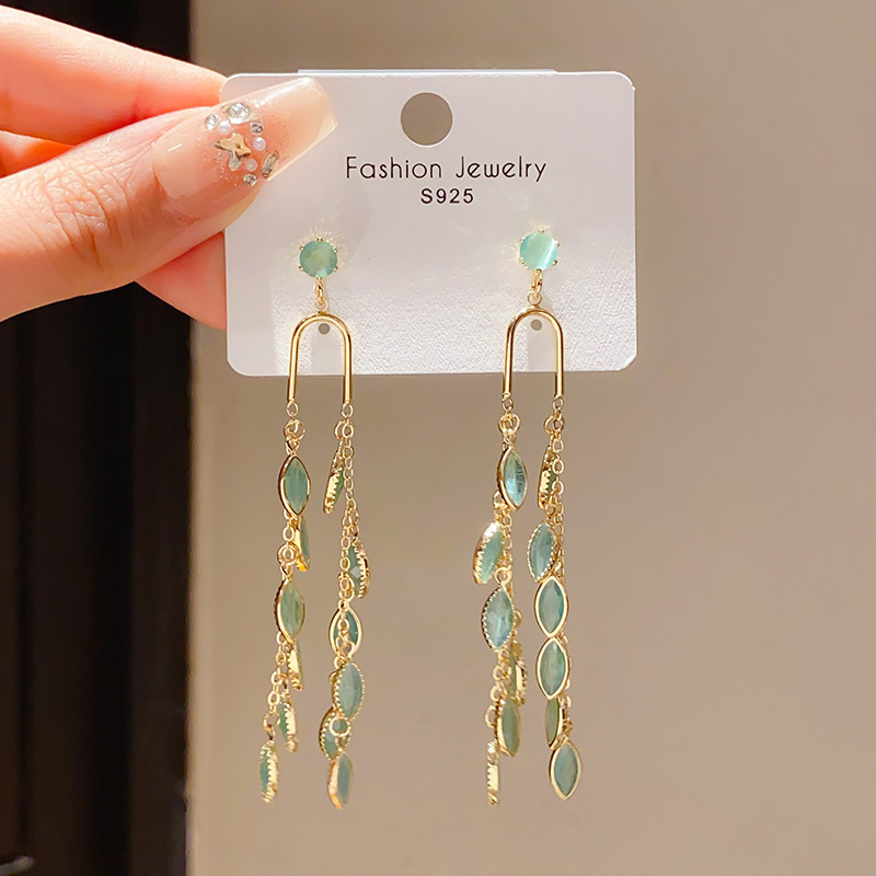 Bông tai dáng dài đá xanh thiết kế Hàn Quốc cao cấp sang trọng B2963