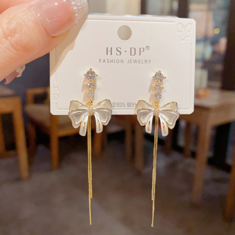 Bông tai NƠ DÁNG DÀI xi vàng pha cao cấp, hoa tai thiết kế Hàn quốc sang trọng độc đáo B3080